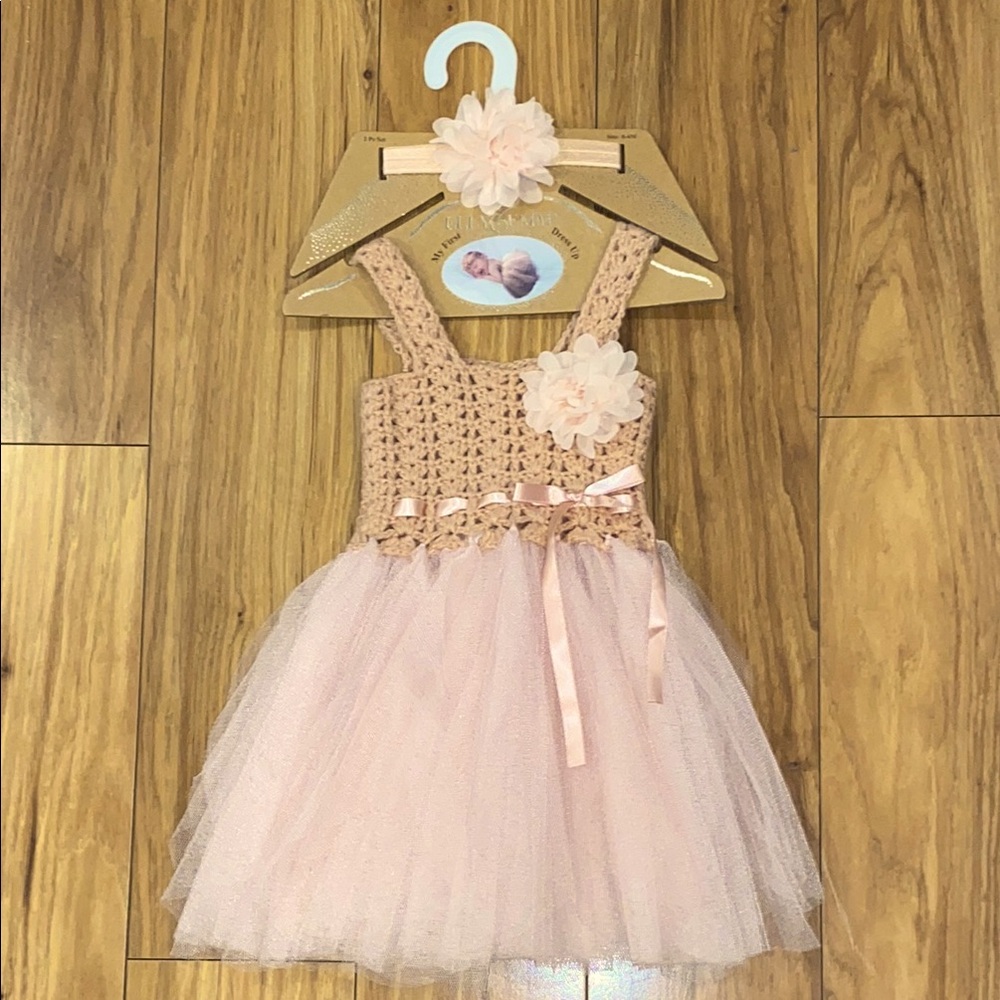 "My First Dress Up" Crochet & Tulle Newborn Baby Dress with Matching Headband